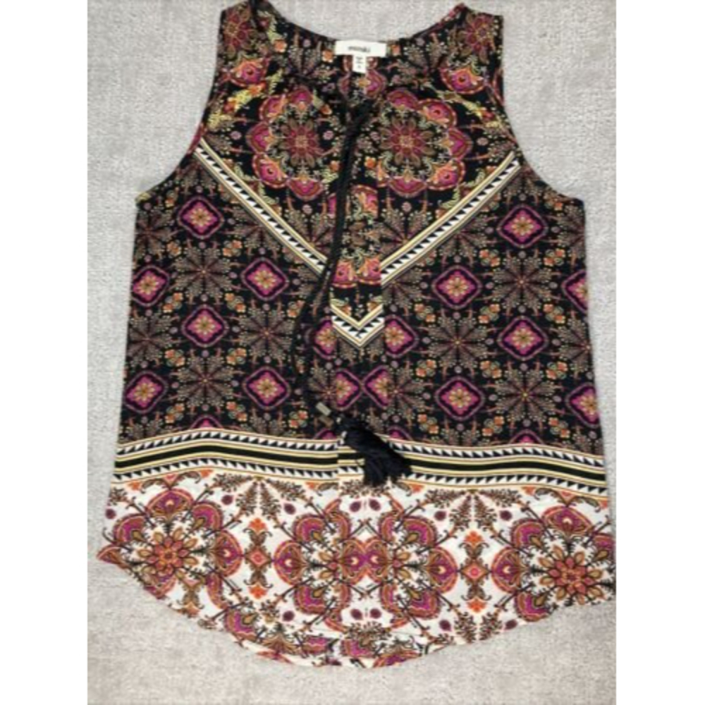 Meraki Scarf Patterned Black/White/Pink W/Tassel Tank Top Blouse, Size S…